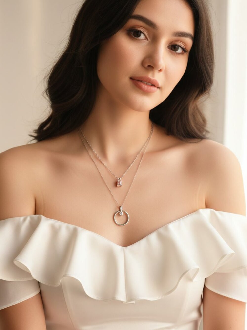 Delicate and Minimalist Geometric Pink and Crystal Pendant Layered Necklace Set